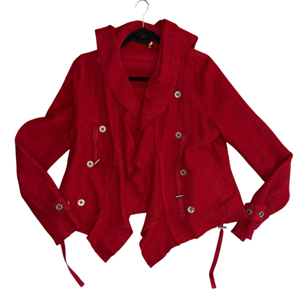 Free people dark red steampunk waterfall button up wool cardigan with‎ a hood